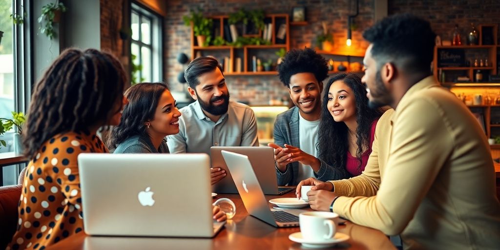 Group discussing business ideas in a cozy cafe.