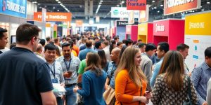 Franchise expo with diverse participants and colorful booths.