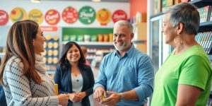 Franchise owner engaging with satisfied customers in a store.