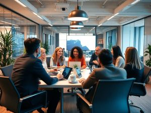 Întâlnire de afaceri cu profesioniști diversificați discutând.