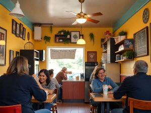 Cafenea mică plină de clienți veseli.