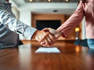 Oameni strângând mâna, simbolizând un parteneriat de afaceri.