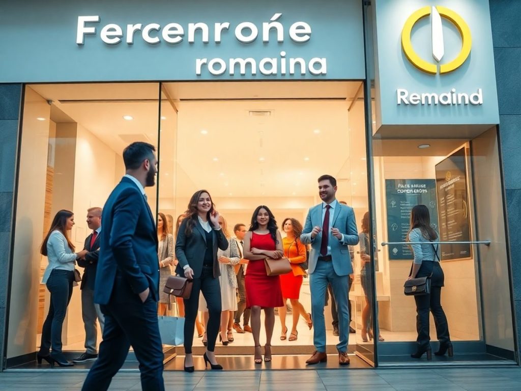 Clădiri moderne, logo-uri vibrante, oameni de afaceri mulțumiți.