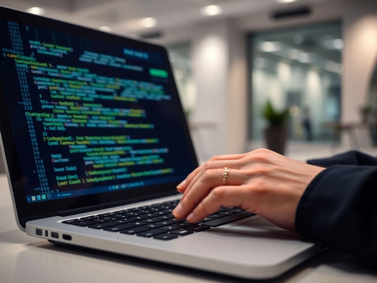 Laptop deschis, mâini tastând, cod digital pe ecran.
