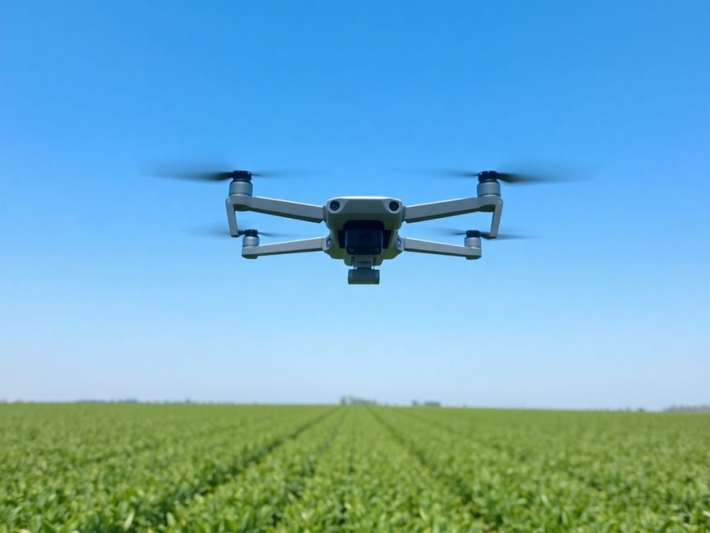 Câmp agricol verde cu dronă deasupra.