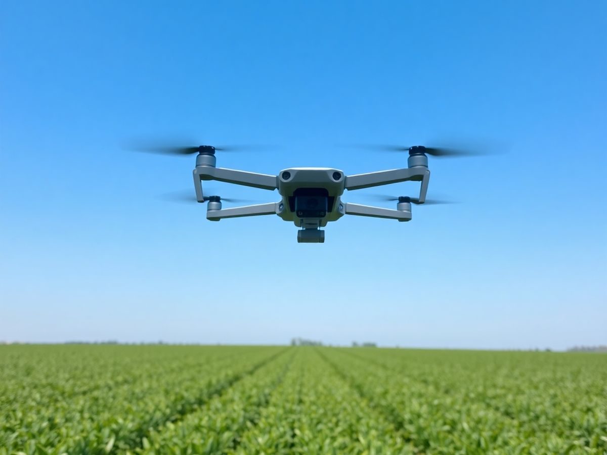 Câmp agricol verde cu dronă deasupra.