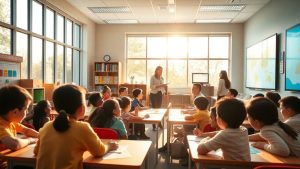 Clasă modernă cu elevi și profesori.