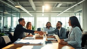 Oameni de afaceri discutând despre francize în sectorul serviciilor.