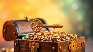 Cheie aurie deschizând cufăr plin cu monede strălucitoare.
