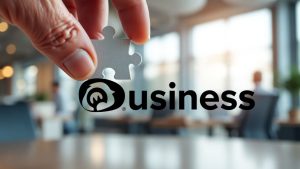 Mâini asamblând un puzzle cu logo de afaceri.